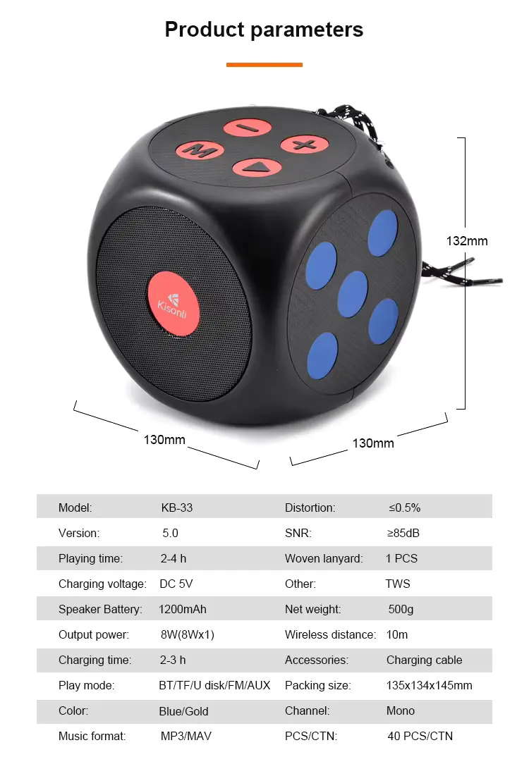 Dice Portable Bluetooth Speaker Specifications